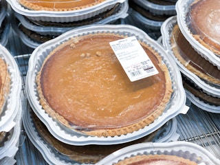 A display of pumpkin pies in the bakery section at Costco.
