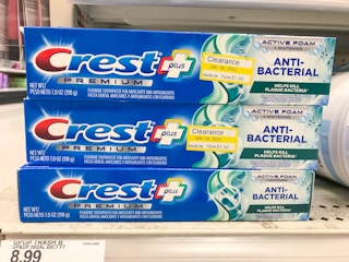 crest premium toothpaste clearance on a target shelf