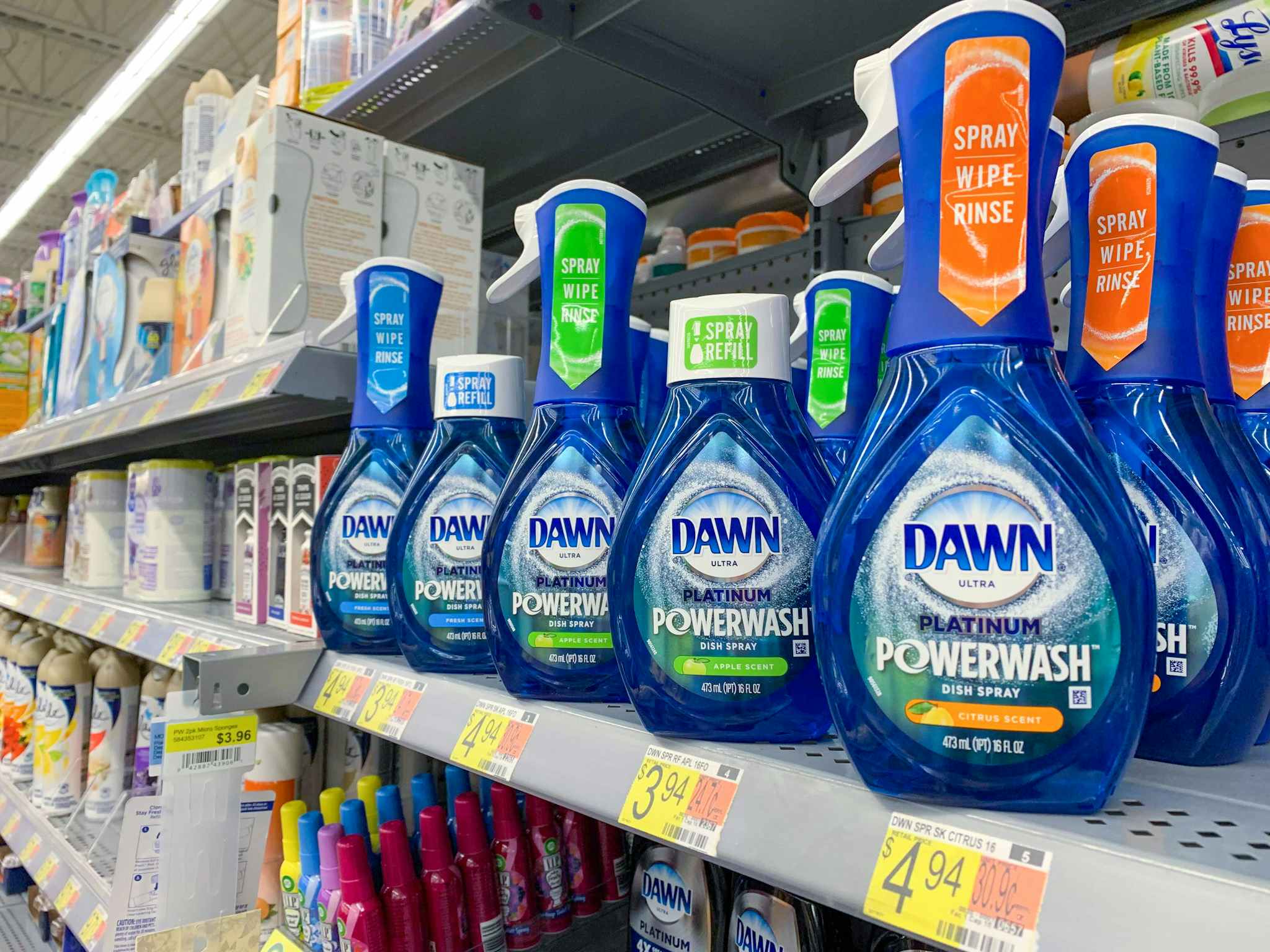 dawn powerwash dish spray on a walmart shelf