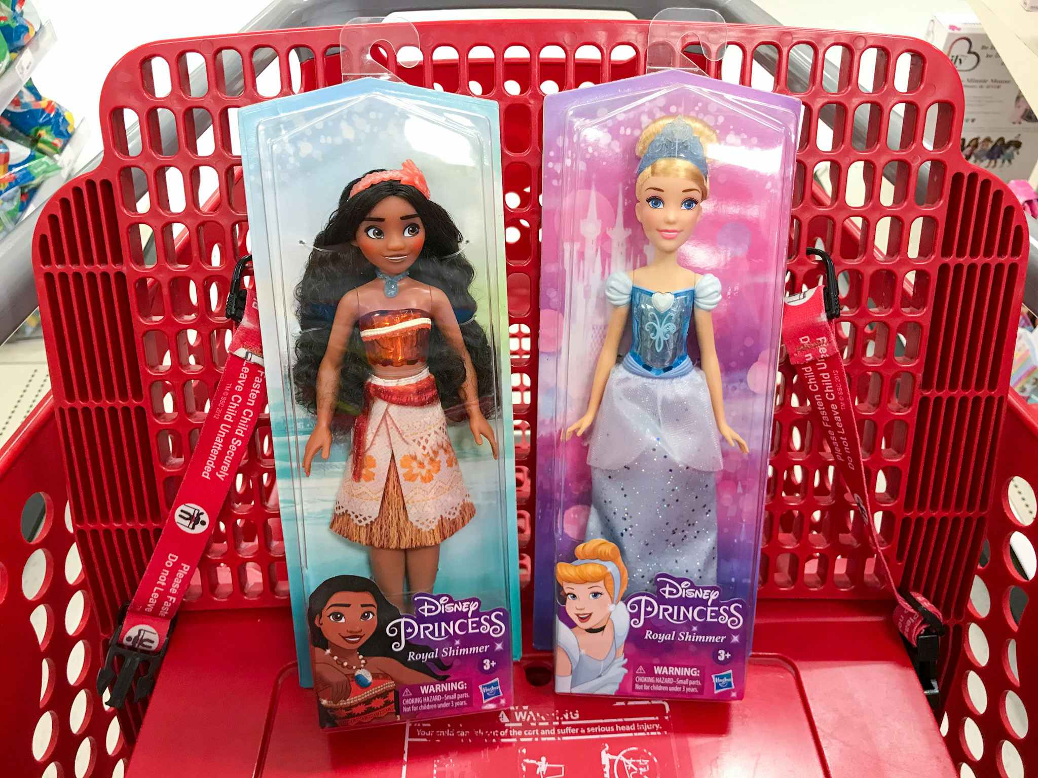 disney princess royal shimmer dolls in a target cart