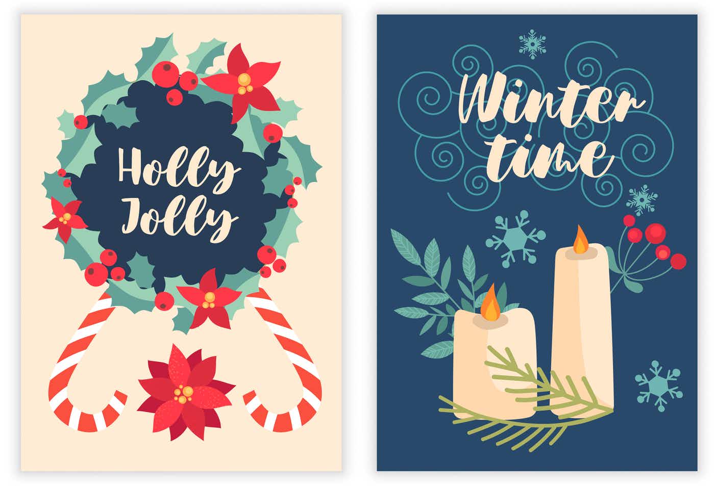 One holiday card that says holly jolly on the left and another that says winter time on the right