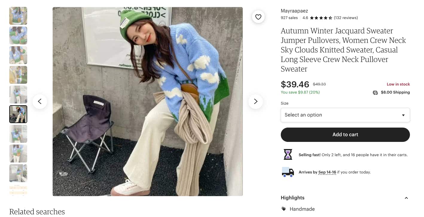 etsy page open to Mayraapaez listing for a sweater