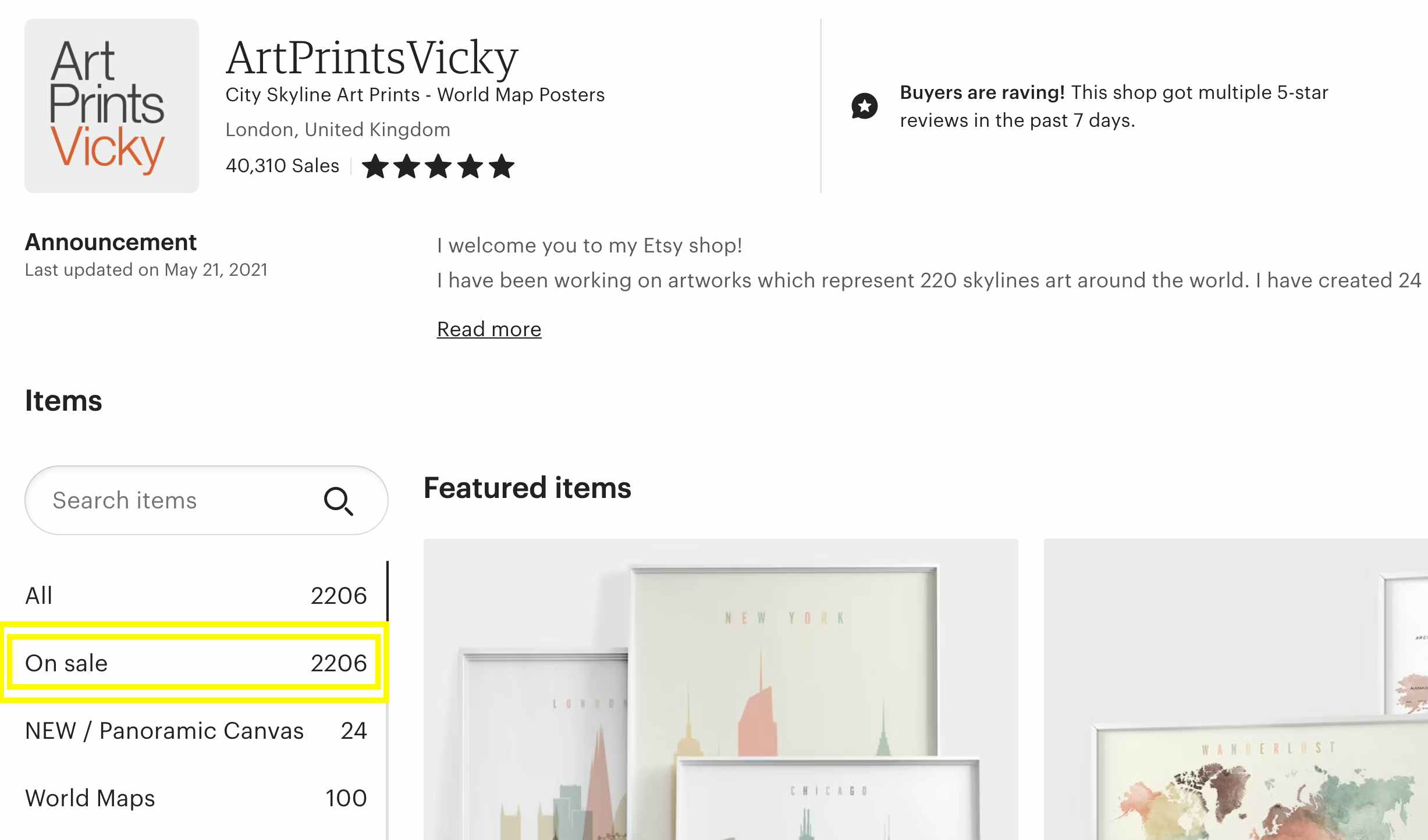 Etsy page open to ArtPrintsVicky highlighting on sale