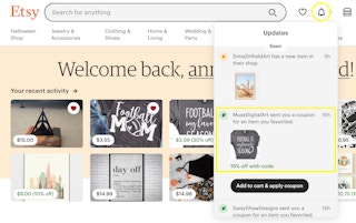 A screenshot of an Etsy page with a notification showing a coupon sent by the seller of a favorited item.
