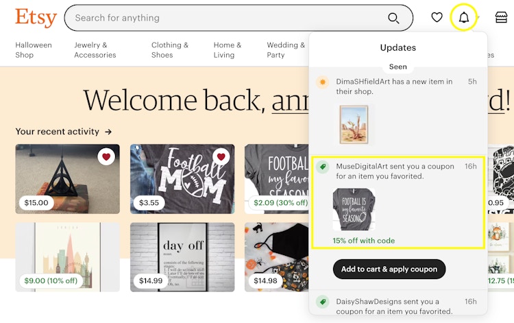 A screenshot of an Etsy page with a notification showing a coupon sent by the seller of a favorited item.