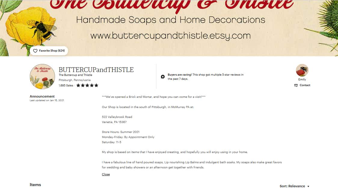 Etsy page for ButtercupandThistle announcing new store