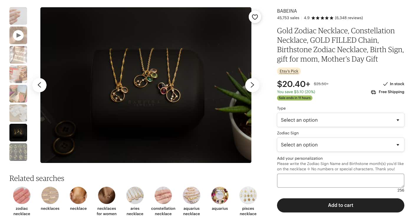 Etsy listing for zodiac necklaces from Babeina