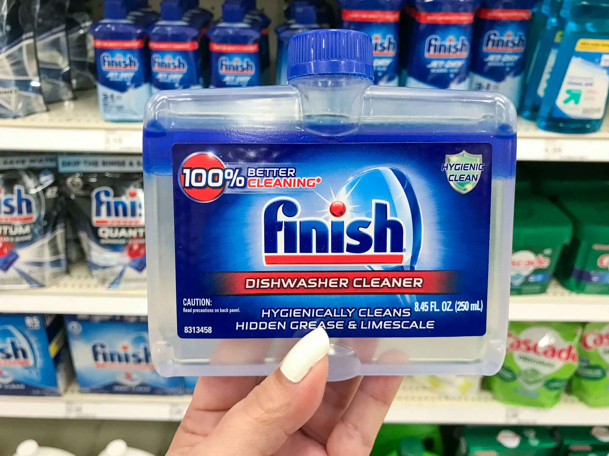 hand holding finish dishwasher cleaner at target