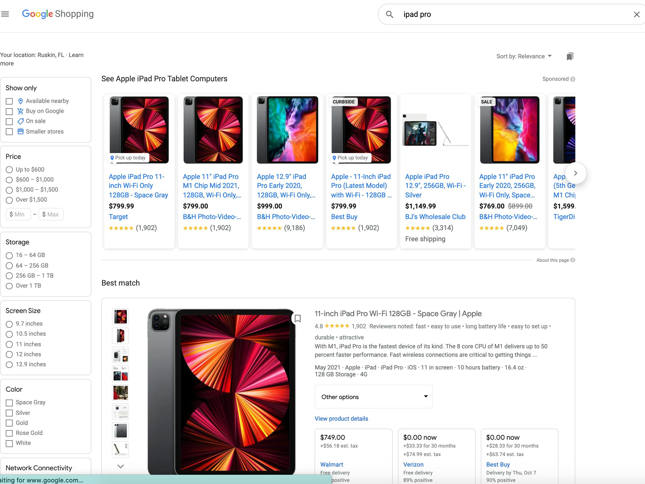 A screenshot of iPad Pro search results on Google Shopping