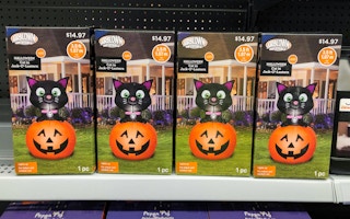 Cat and punpkin inflatable halloween decor in boxes on Walmart shelf