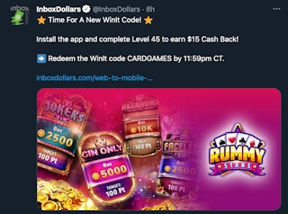 Screenshot of WINIT codes on InboxDollars' Twitter