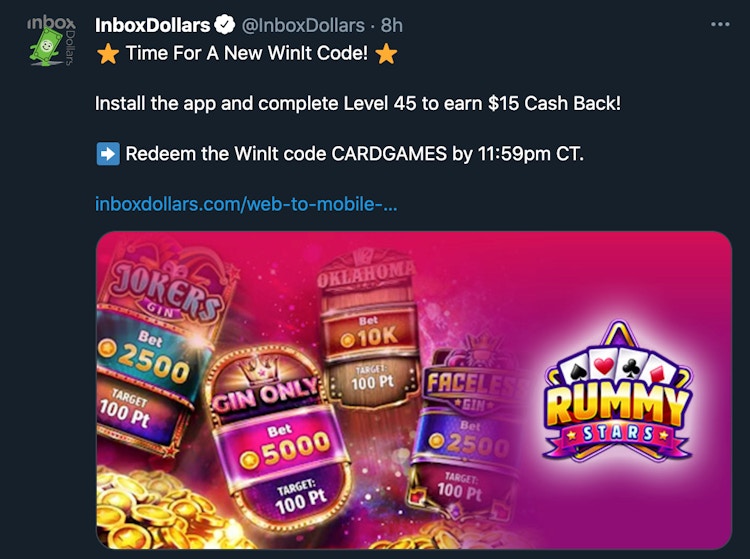 Screenshot of WINIT codes on InboxDollars' Twitter
