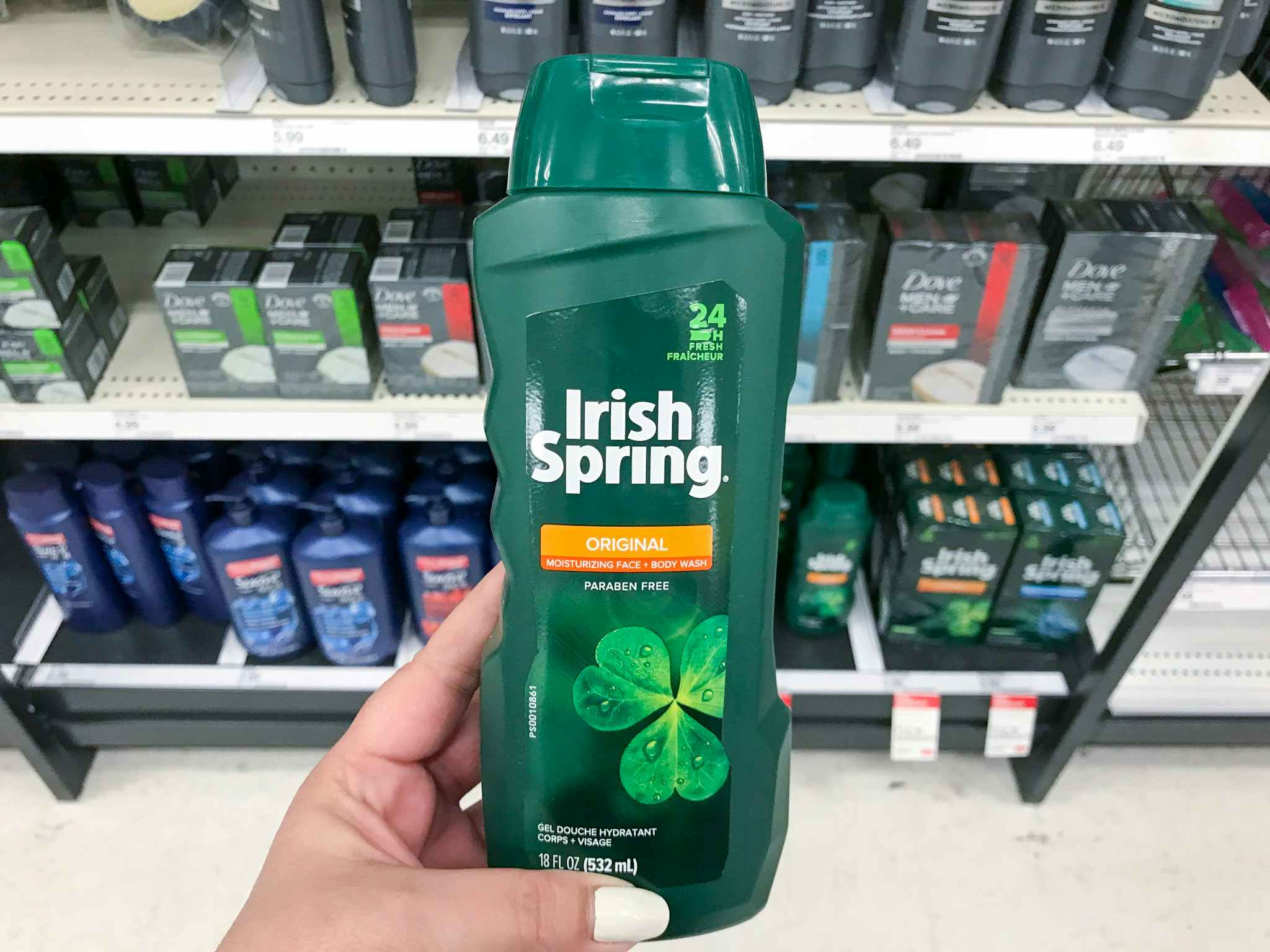 hand holding irish spring body wash at target