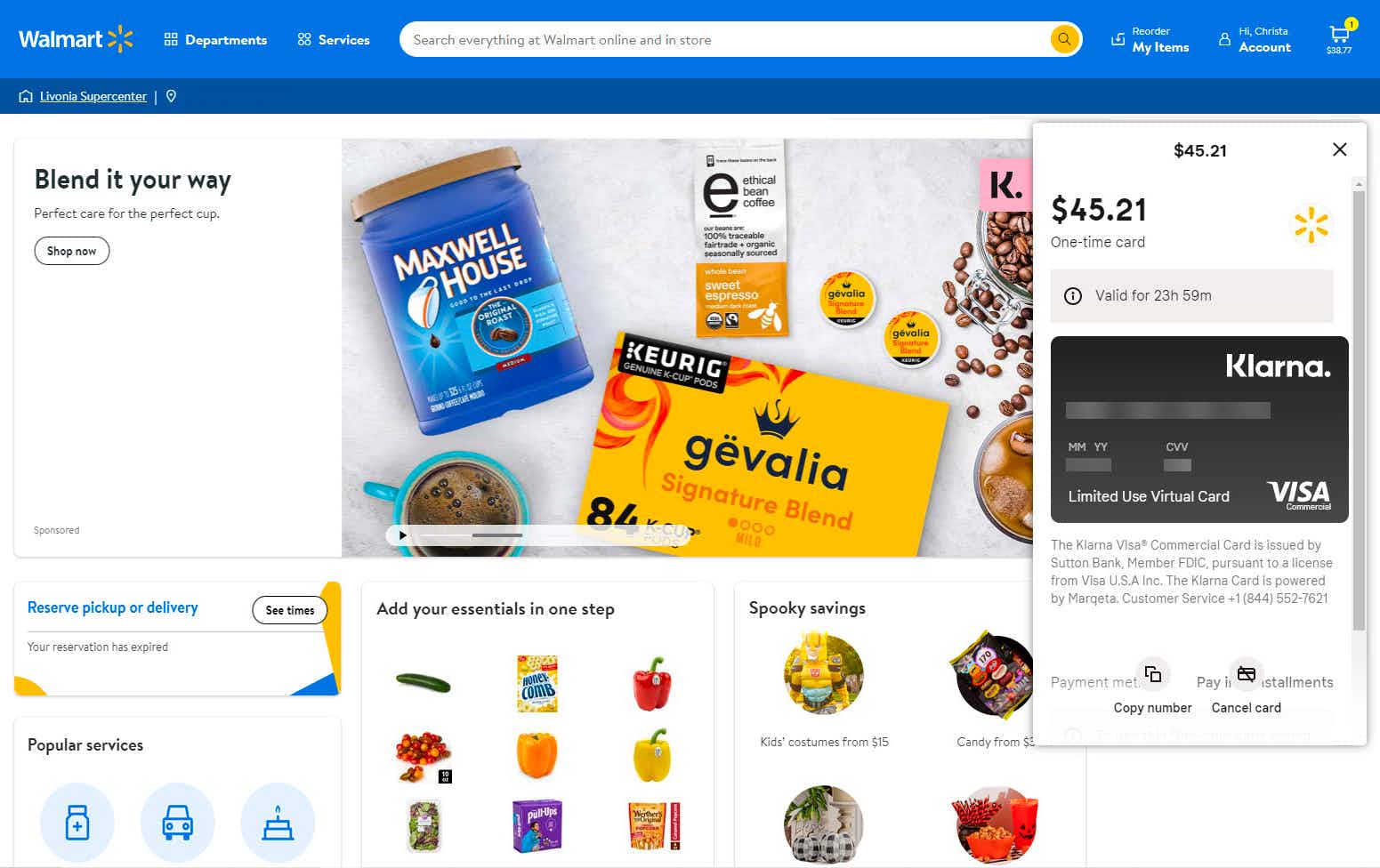 A Walmart.com screenshot with Klarna ghost card extension pop-up.