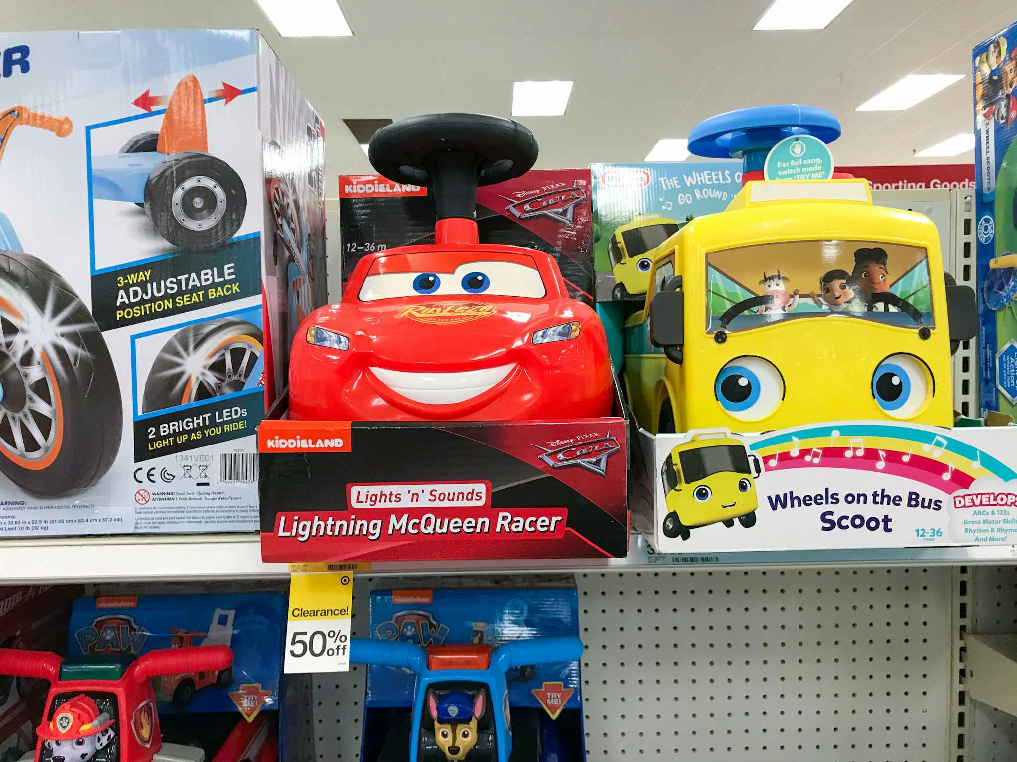 disney cars lightning mcqueen racer ride-on on a target shelf