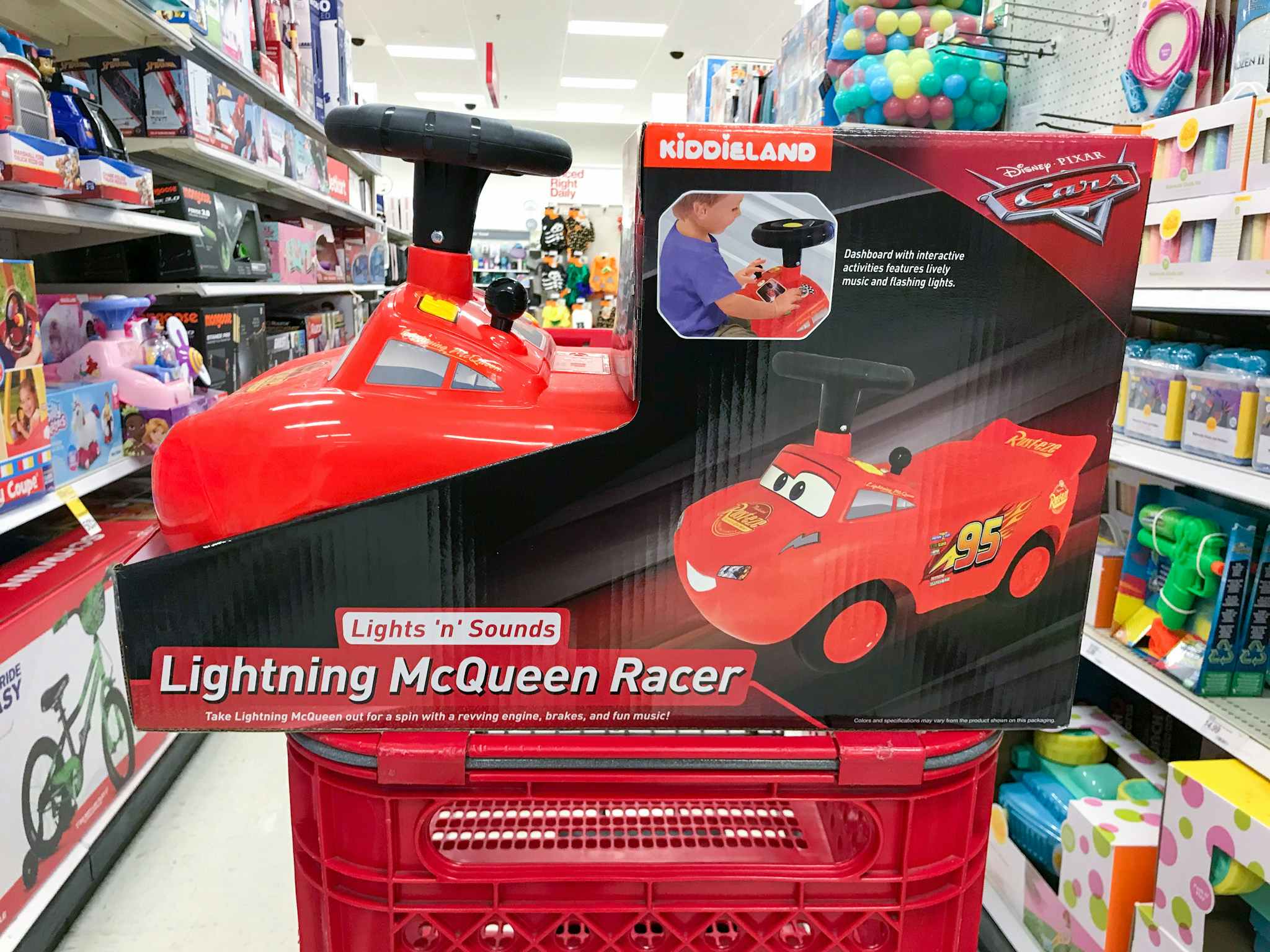 disney cars lightning mcqueen racer ride-on on a target cart