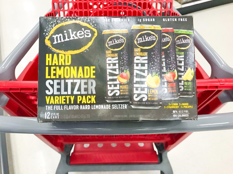 12-pack of Mikes Hard Lemonade seltzer in store shopping cart
