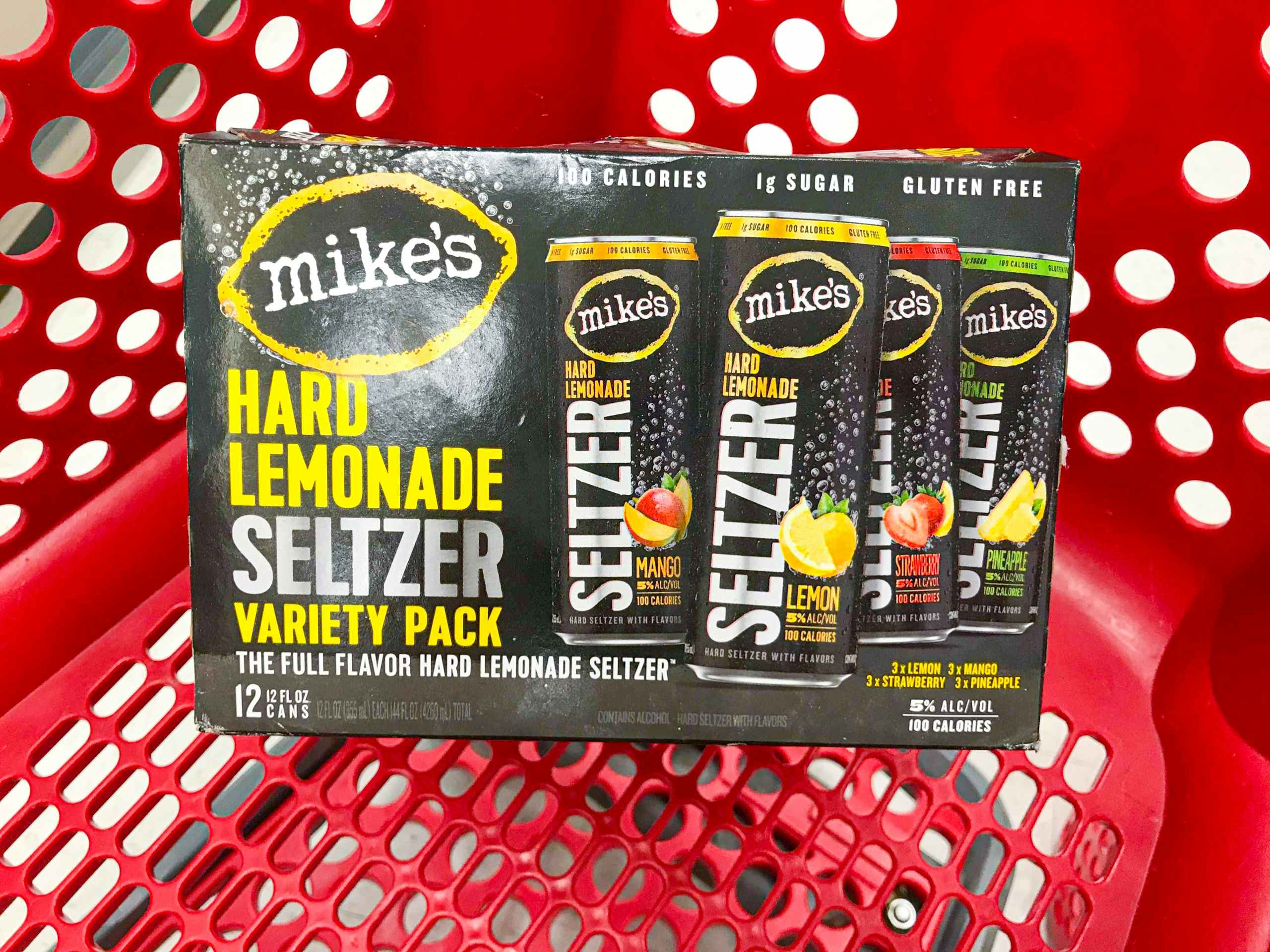 12-pack of Mikes Hard Lemonade seltzer in store shopping cart