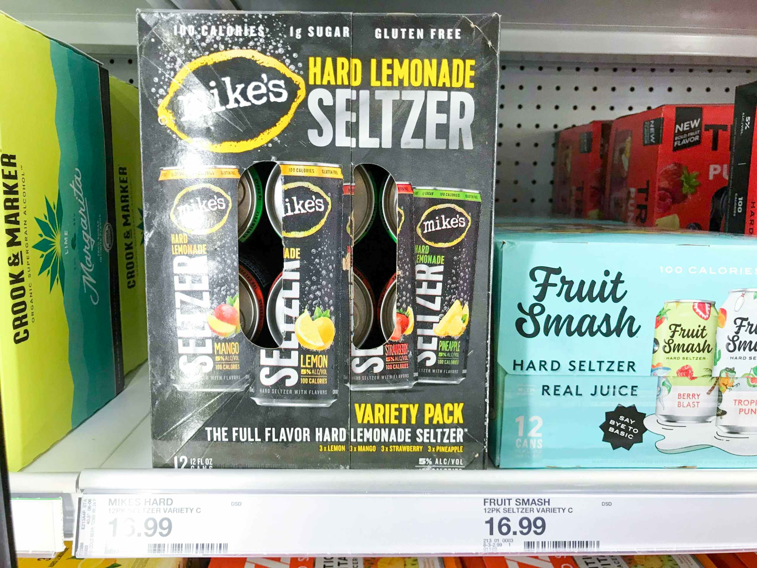 12-pack of Mikes Hard Lemonade seltzer on store shelf