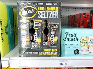 12-pack of Mikes Hard Lemonade seltzer on store shelf