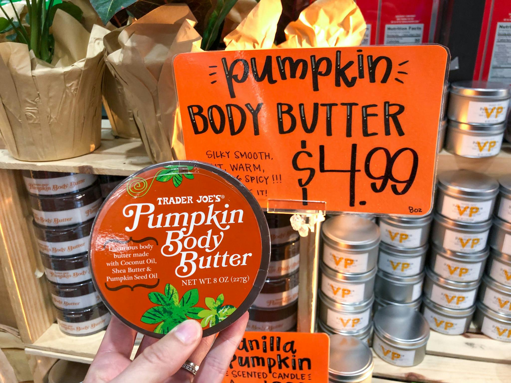 Trader Joe's pumpkin body butter on the shelf.