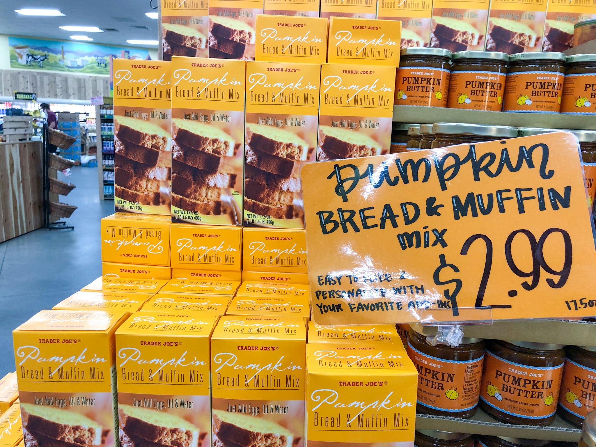 Trader Joe's pumpkin bread and muffin mix on the shelf.