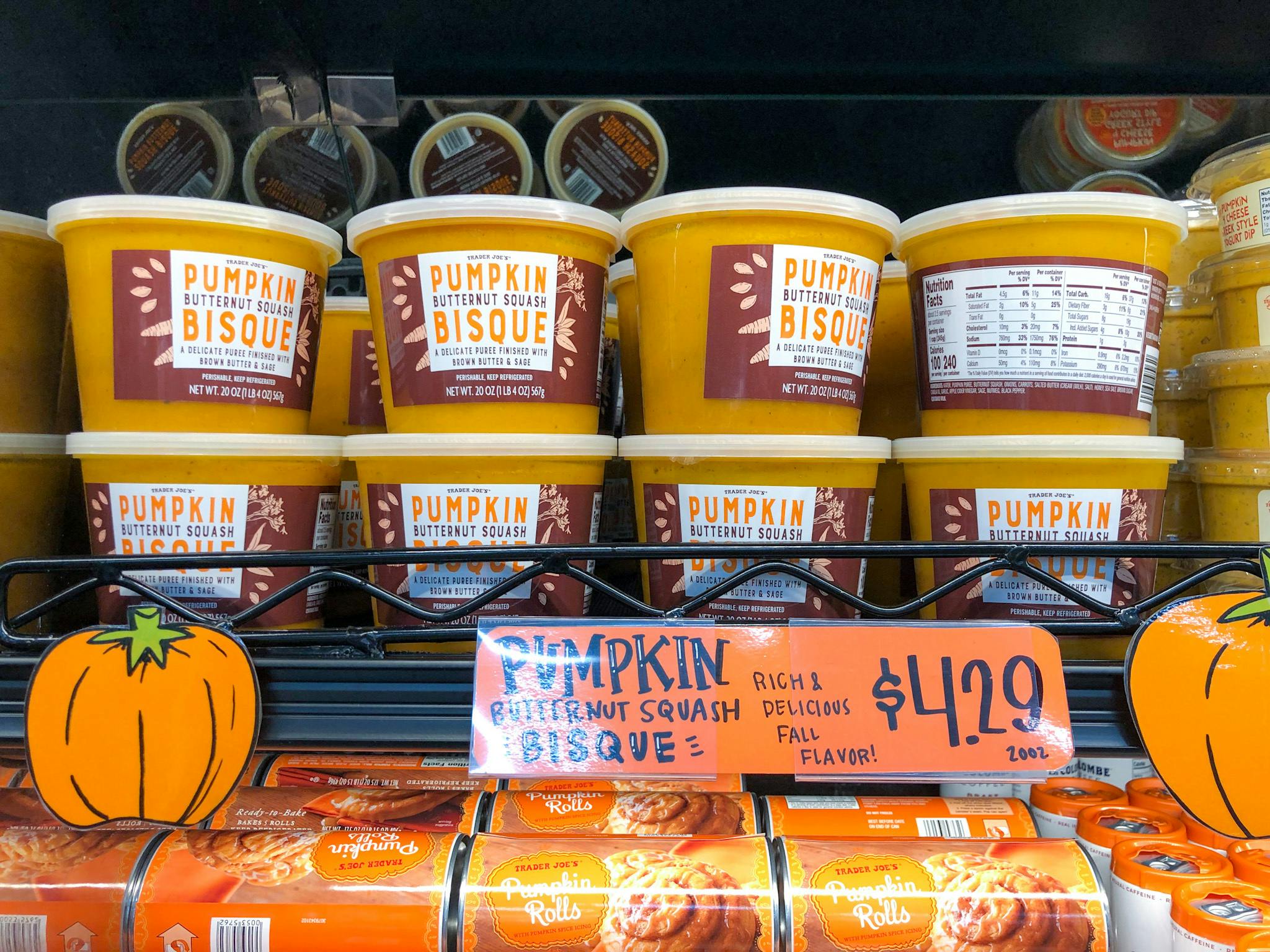 Trader Joe's pumpkin butternut squash bisque on the shelf.