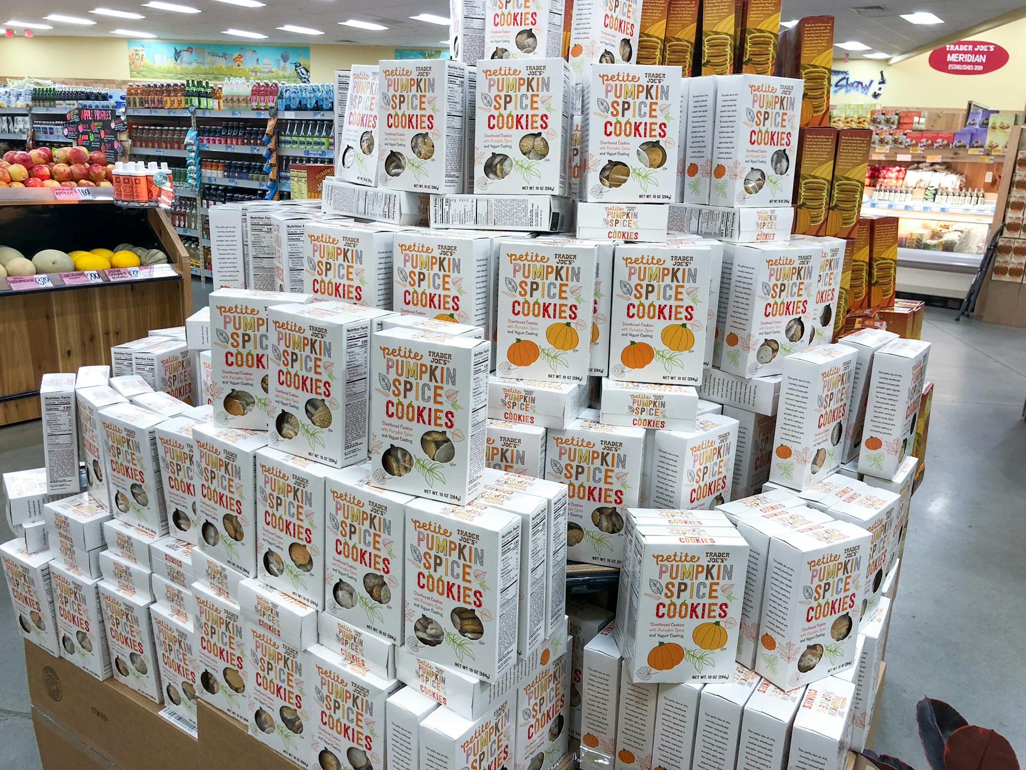 Trader Joe's pumpkin spice cookies stacked in a pyramid.