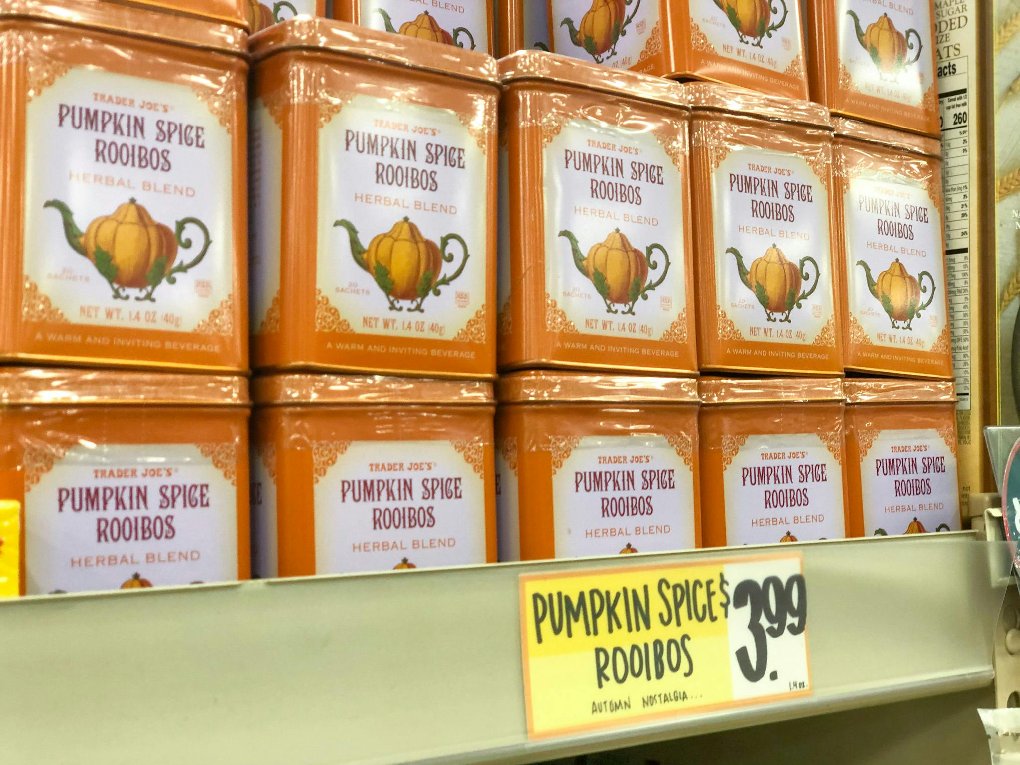 Trader Joe's pumpkin spice rooibos on the shelf.