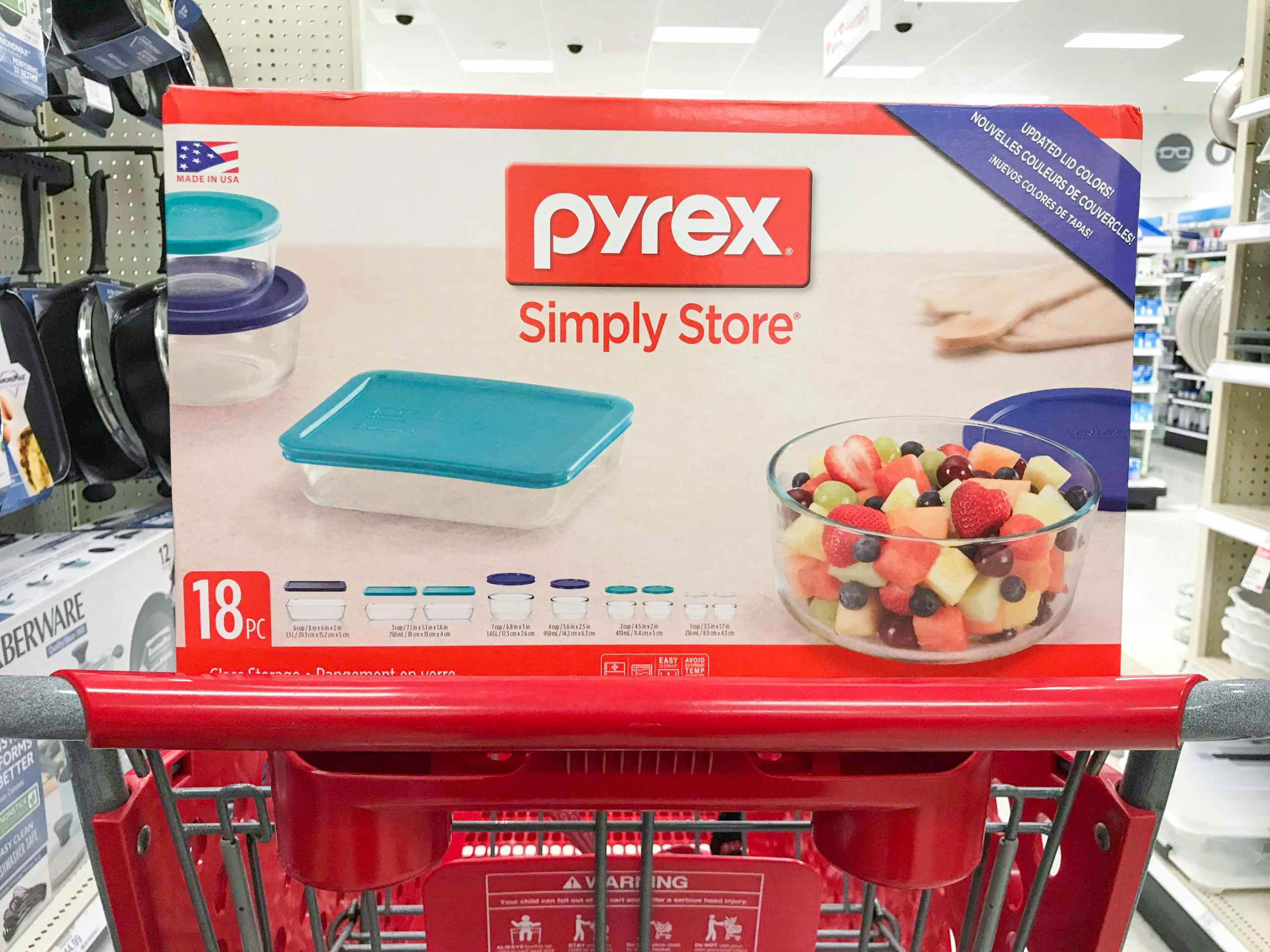 18-piece Pyrex set in box on store shopping cart