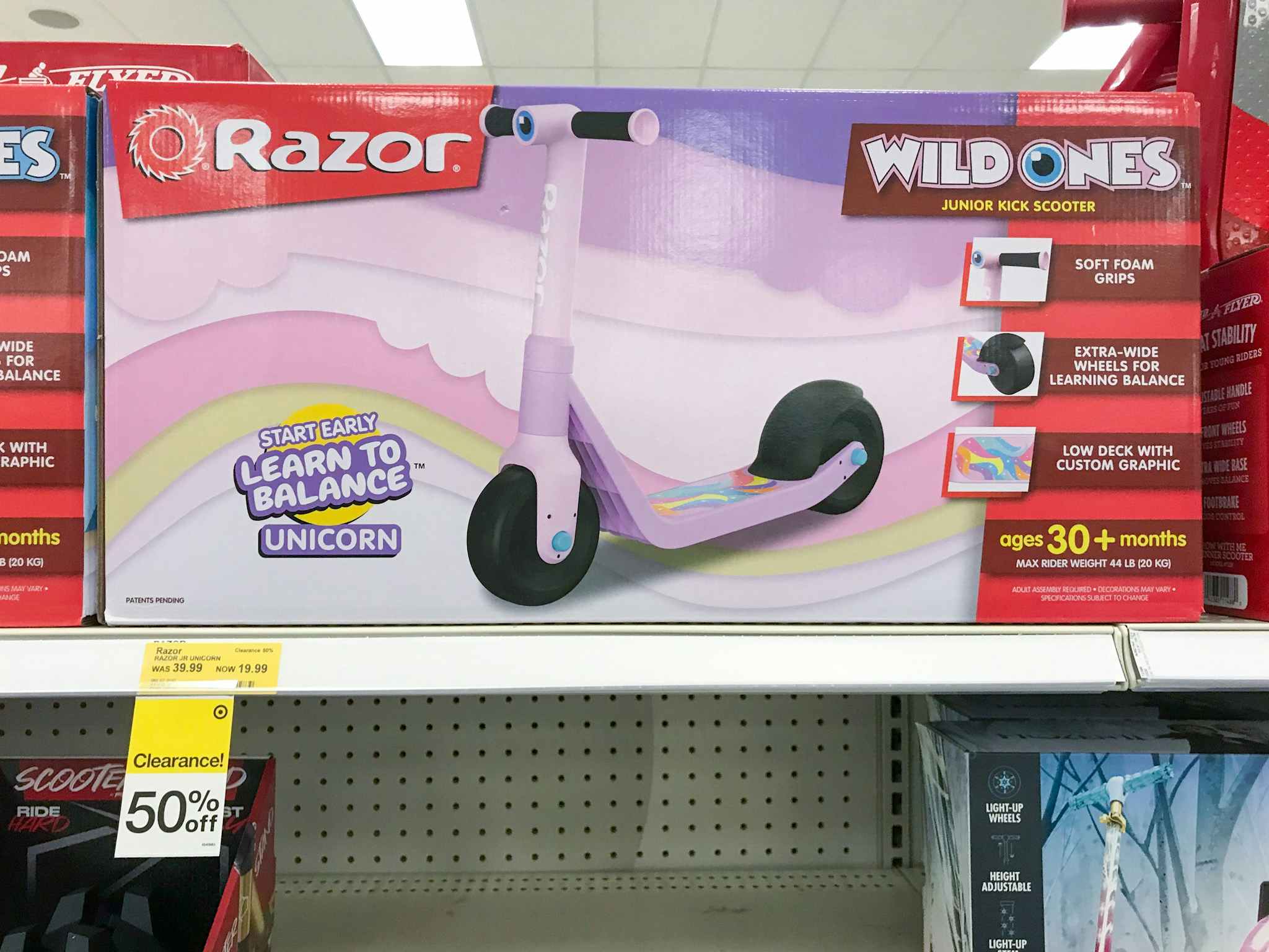 razor junior wild ones unicorn kick scooter on a target shelf
