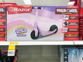 razor junior wild ones unicorn kick scooter on a target shelf