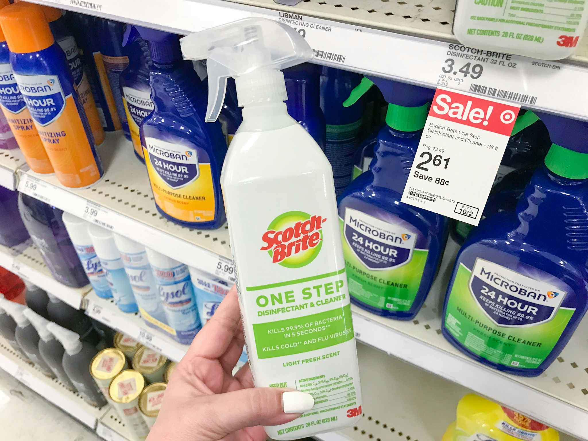 hand holding scotch-brite cleaner at target