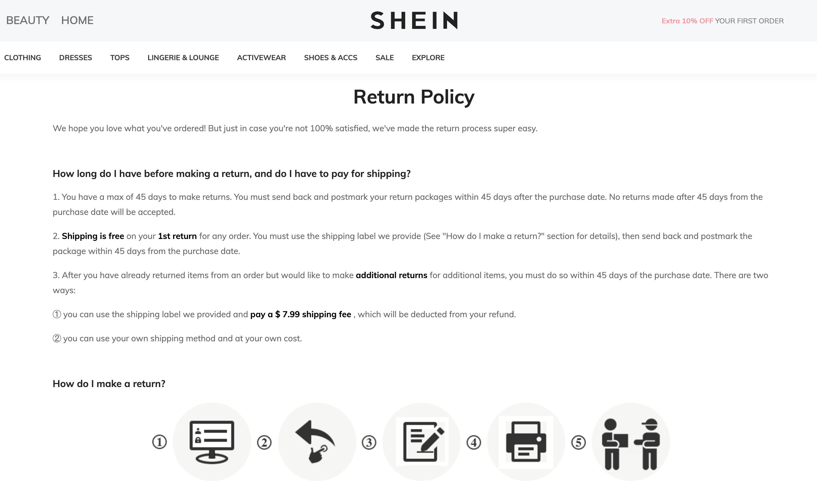 screenshot of shein.com return policy stating free shipping on your first return