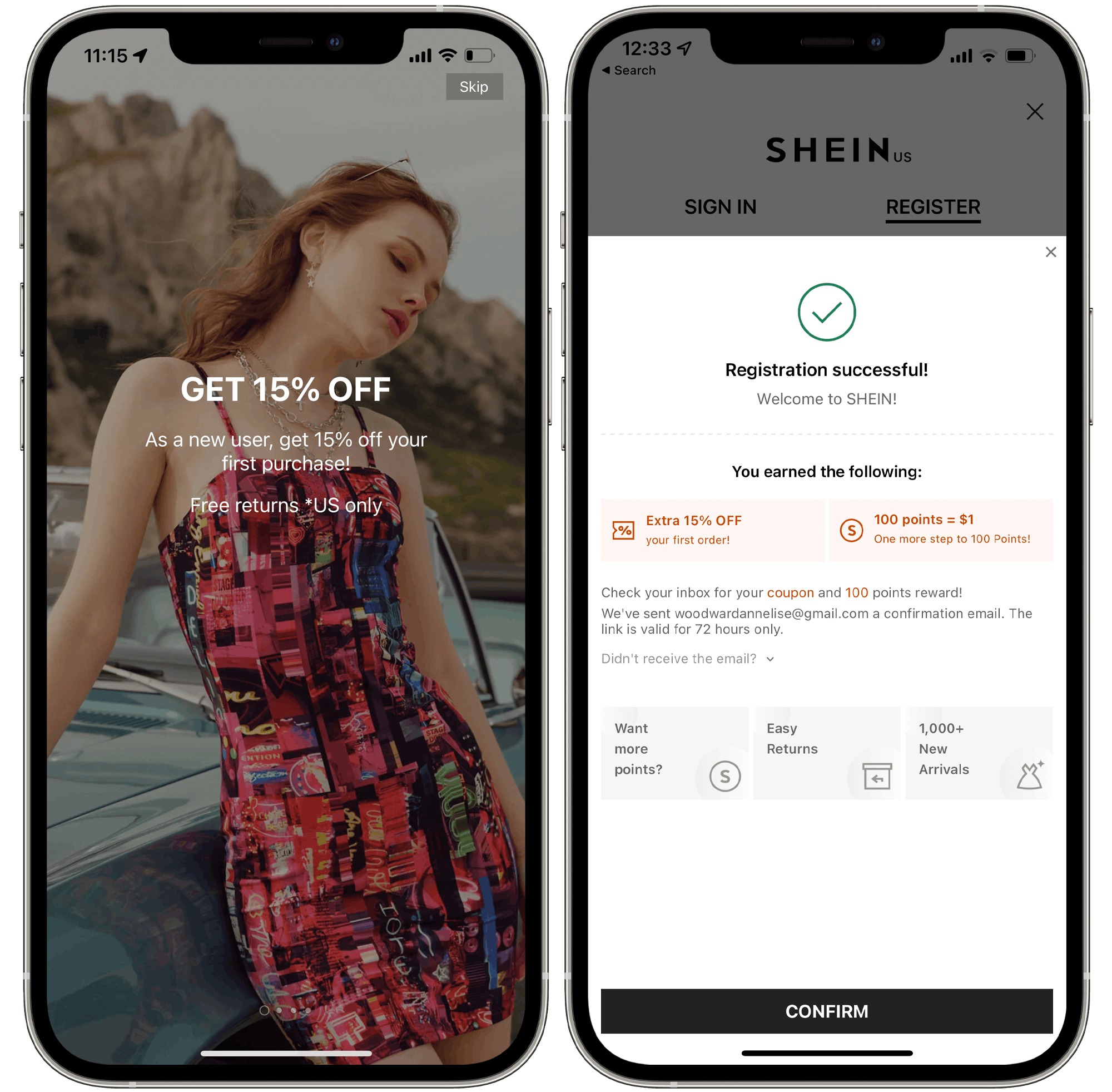 A graphic of two phones, one showing a 15% off offer for new SHEIN users and the other showing a "Registration Successful" page within the SHEIN app.