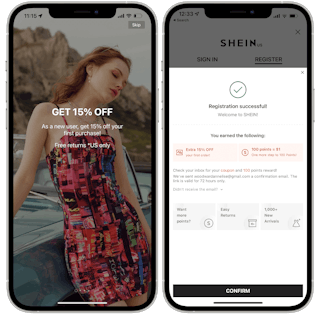 A graphic of two phones, one showing a 15% off offer for new SHEIN users and the other showing a "Registration Successful" page within the SHEIN app.
