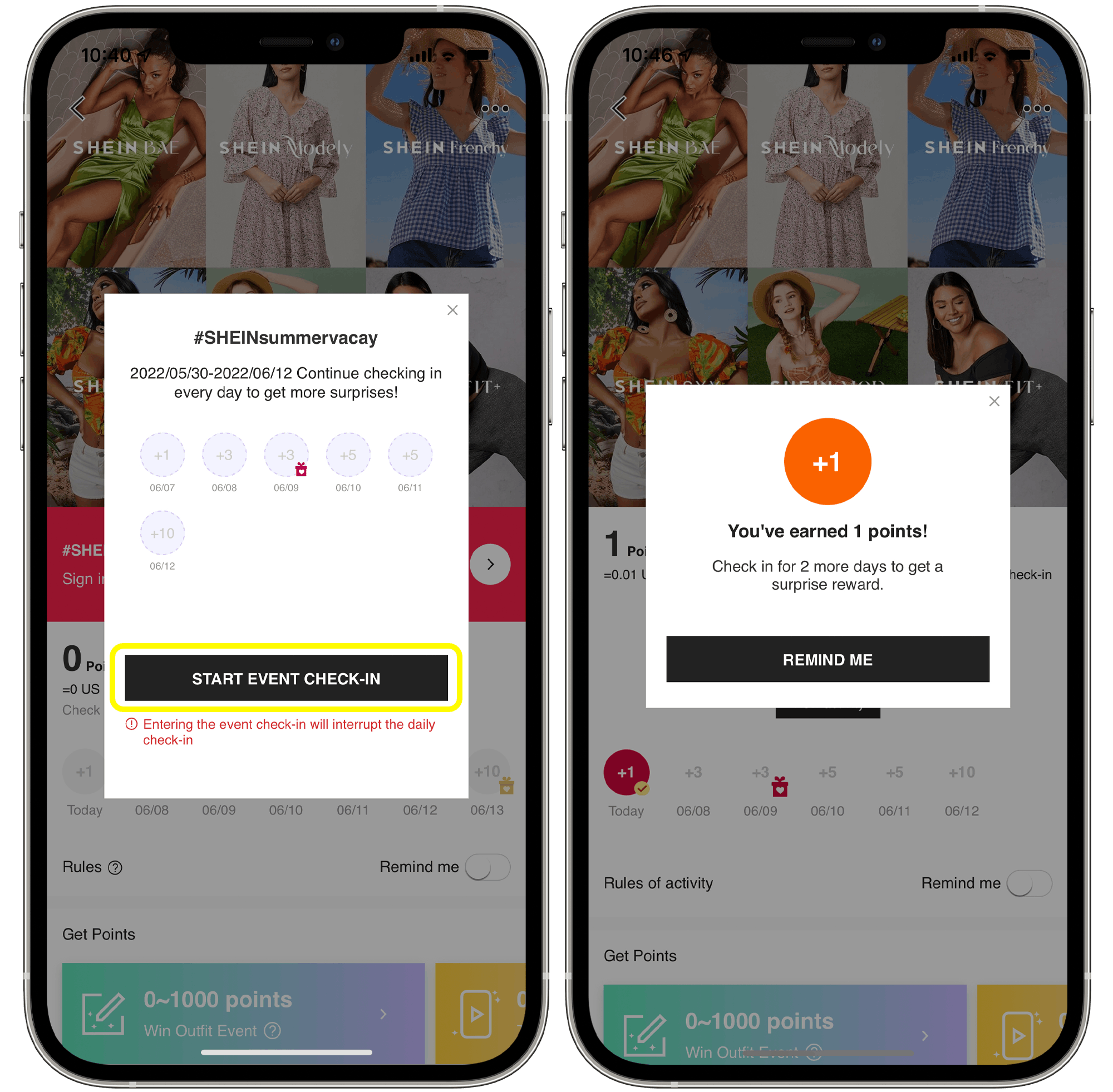 A graphic of two iPhones displaying the SHEIN app, one showing a pop-up for a daily check-in rewards tracker, and the other showing a pop-up for a confirmed check in earning 1 point. 