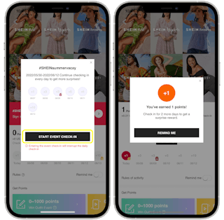 A graphic of two iPhones displaying the SHEIN app, one showing a pop-up for a daily check-in rewards tracker, and the other showing a pop-up for a confirmed check in earning 1 point.