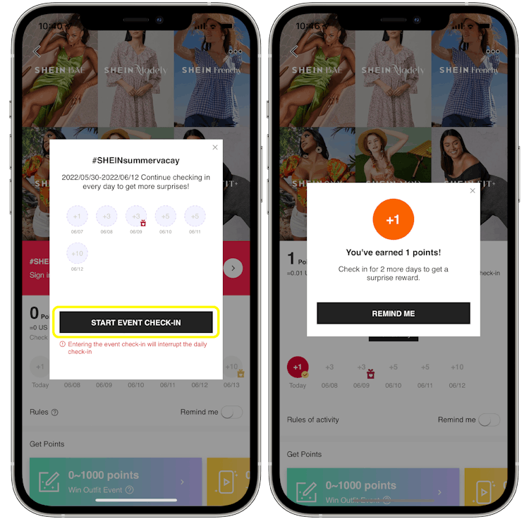 A graphic of two iPhones displaying the SHEIN app, one showing a pop-up for a daily check-in rewards tracker, and the other showing a pop-up for a confirmed check in earning 1 point. 