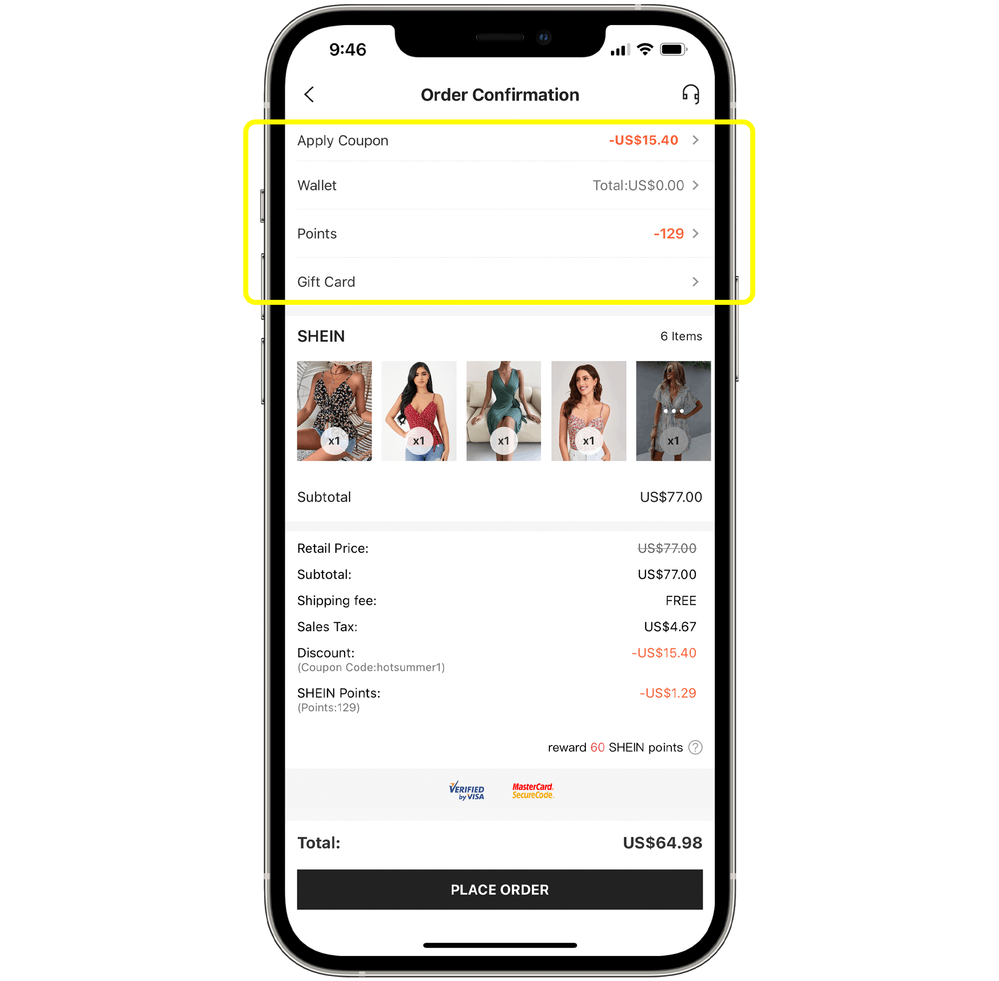 A graphic of a phone showing the stacked savings with a coupon and points on a cart of items on the SHEIN app.