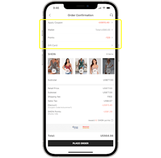 A graphic of a phone showing the stacked savings with a coupon and points on a cart of items on the SHEIN app.