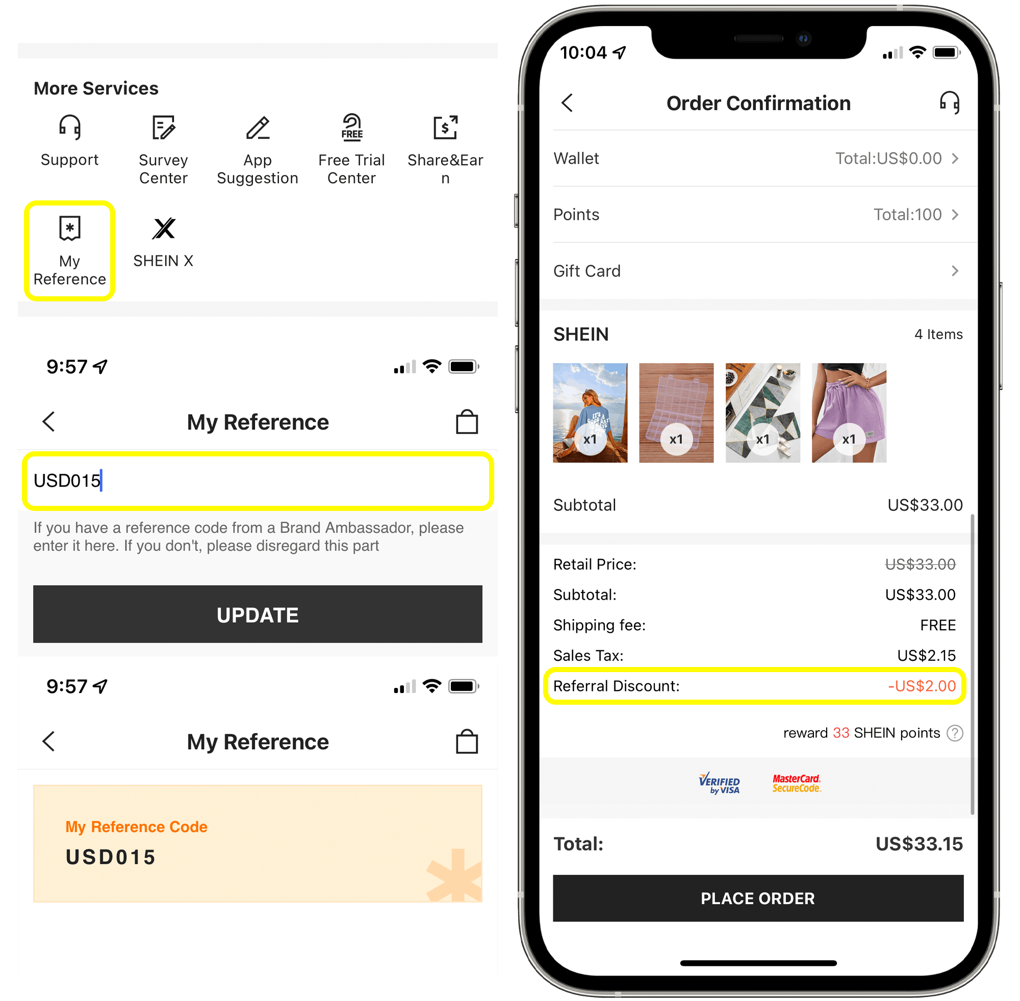 A graphic displaying the process of entering a reference code into the SHEIN app for an automatic discount at checkout.