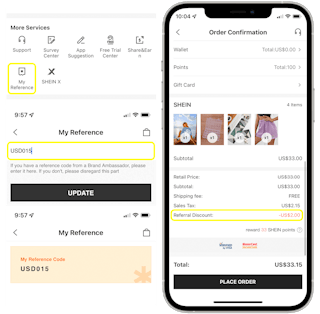 A graphic displaying the process of entering a reference code into the SHEIN app for an automatic discount at checkout.