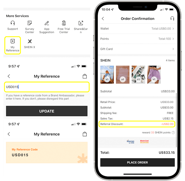 A graphic displaying the process of entering a reference code into the SHEIN app for an automatic discount at checkout.