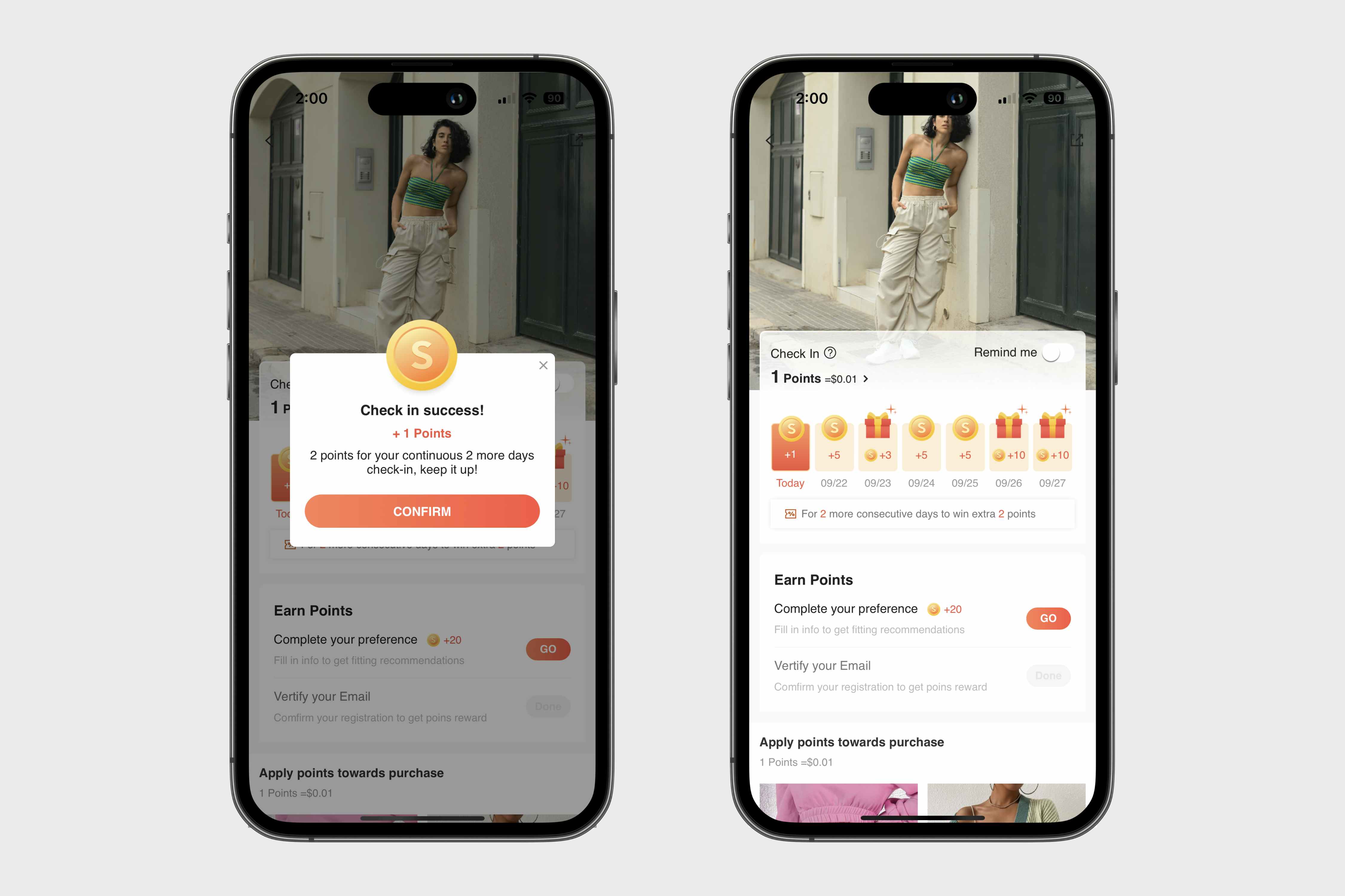 two phones showing a check in points reward on the Shein app and the check in page