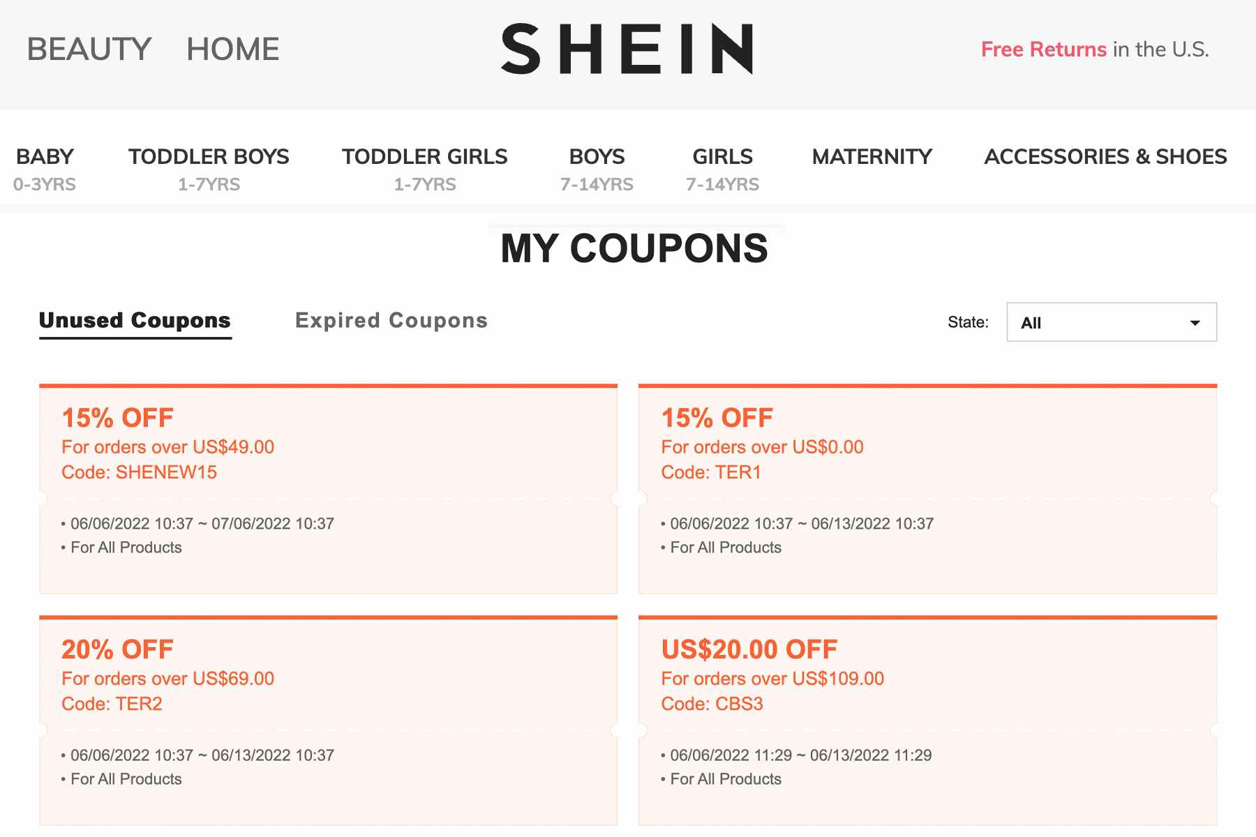 A screenshot of the my coupons page on shein.com.