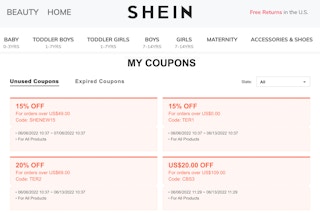 A screenshot of the my coupons page on shein.com.