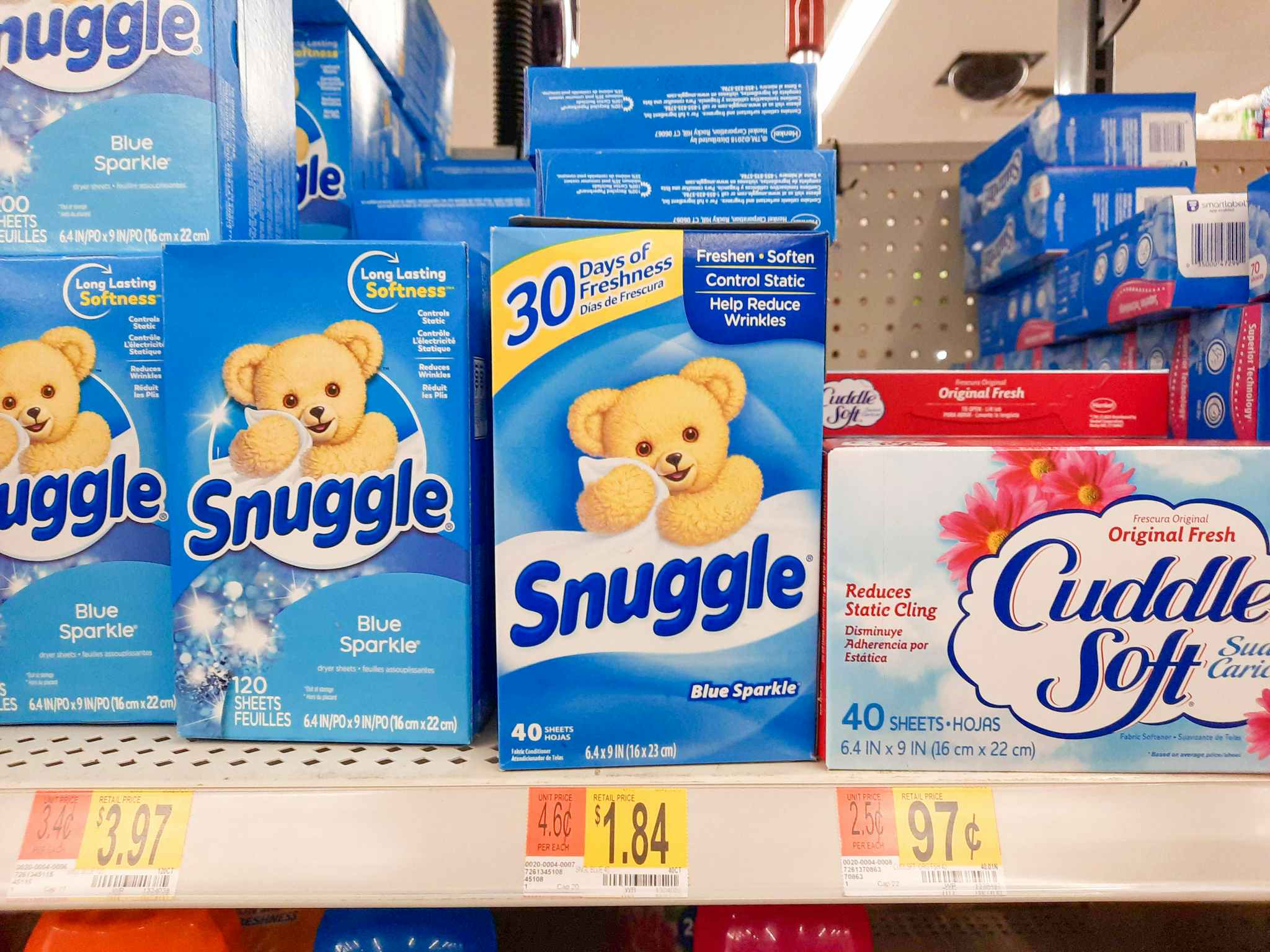 boxes of Snuggle dryer sheets on Walmart store shelf
