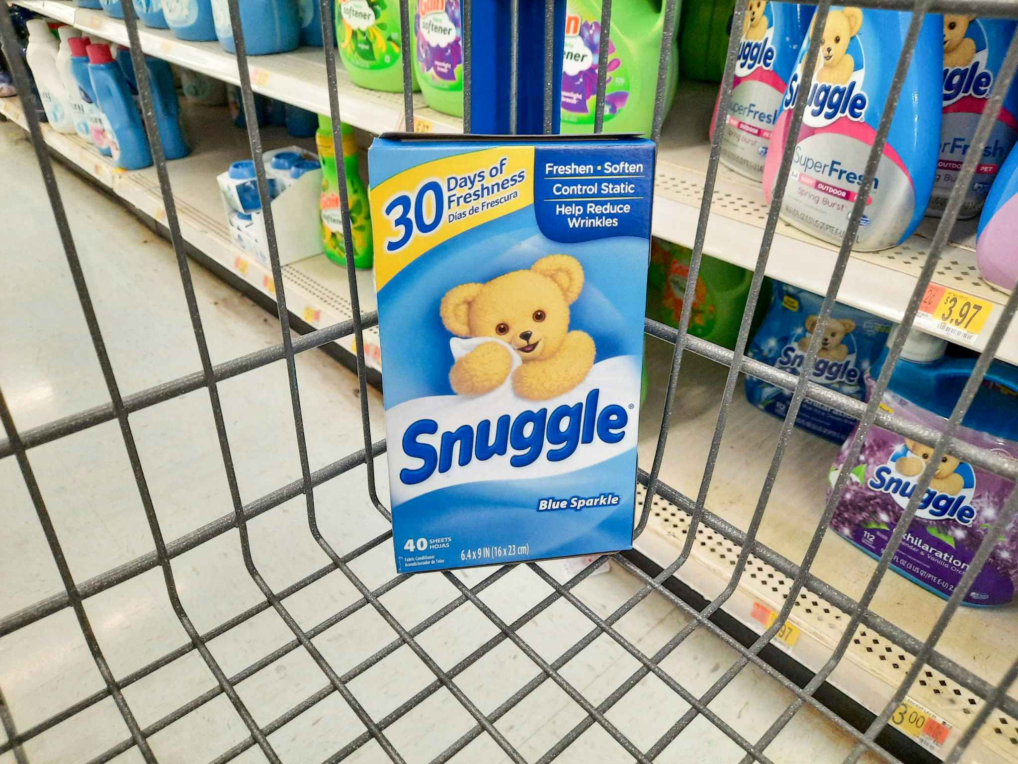box of Snuggle dryer sheets in Walmart cart
