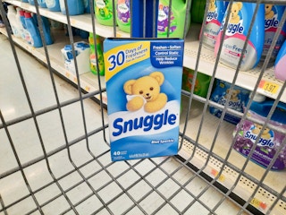 box of Snuggle dryer sheets in Walmart cart
